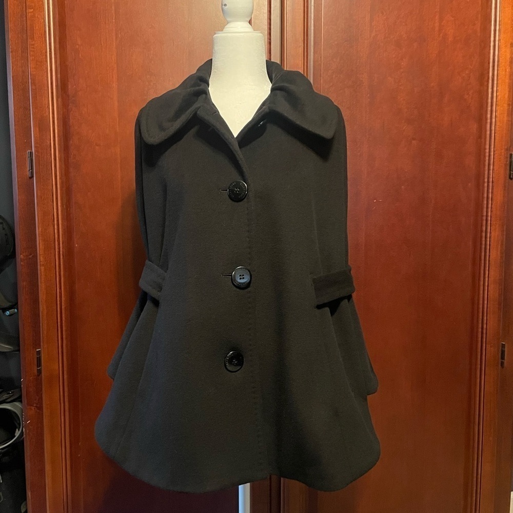 Ellen Tracy Black Wool Button Cape Belted Chic Jacket Coat